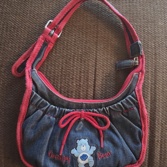 Care Bears Handbags - 2004 Grumpy Bear Denim Shoulder Bag with Red Trim